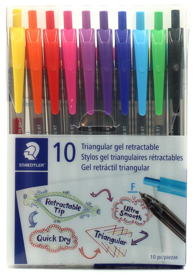 Ens. 10 stylos gel rétractables triangulaire