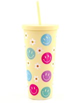 Gobelet avec paille jaune fleurs et sourires 650 ml 